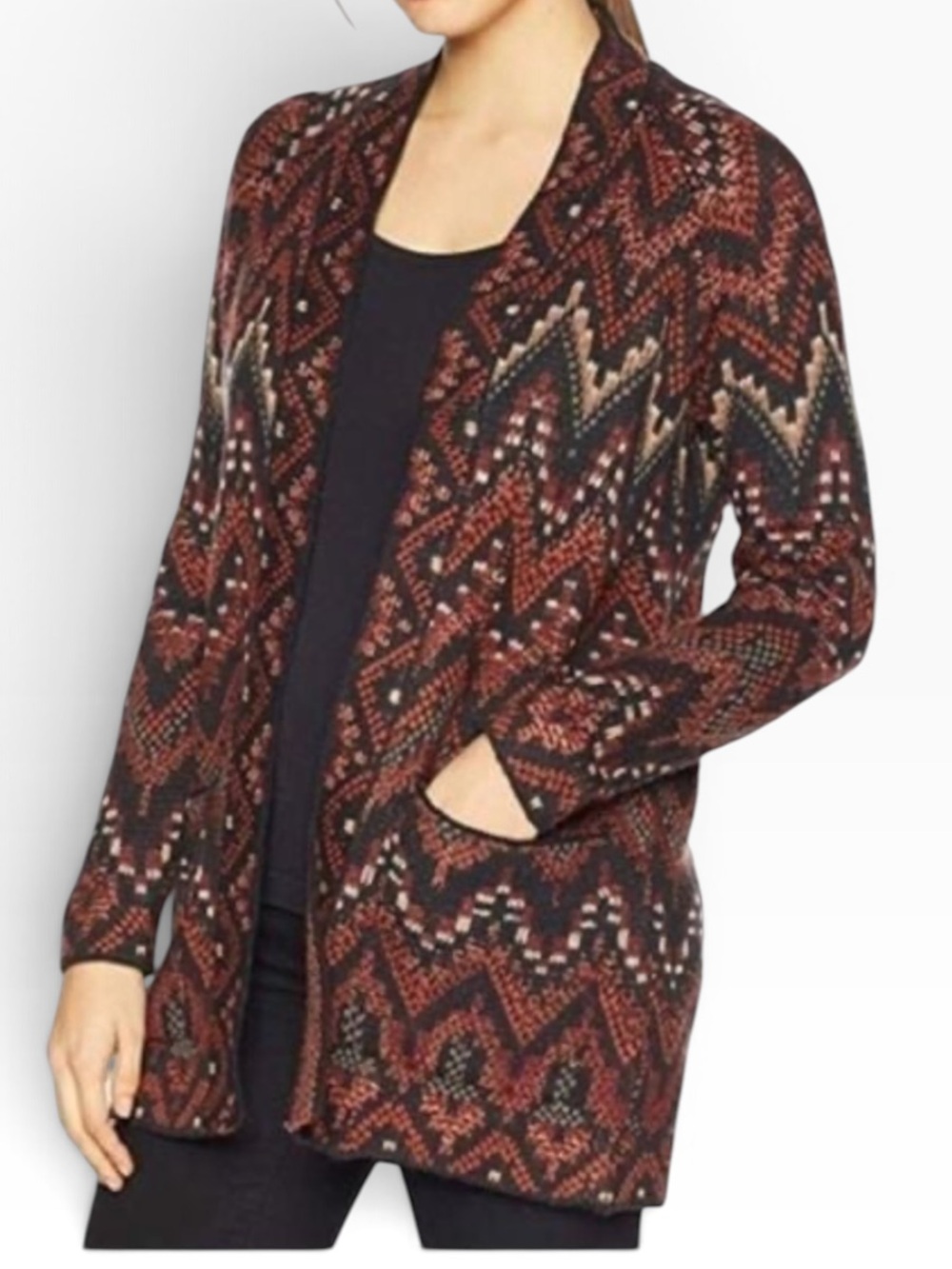 Lucky Brand Womens Open-Front Rust Aztec Cardigan Sweater M